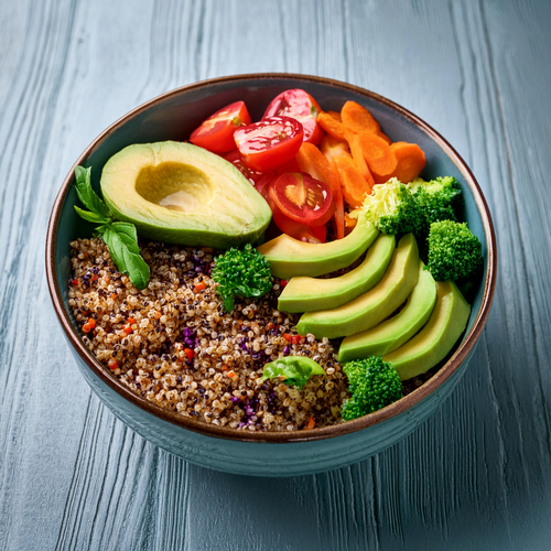 A colorful grain bowl with fresh vegetables, quinoa, avocado slices, and a drizzle of tahini, showcasing a healthy, nutrient-packed meal for balanced living.