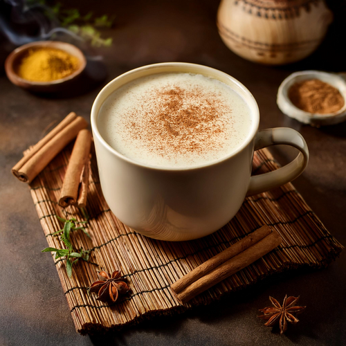 A warm cup of Ashwagandha latte topped with a sprinkle of cinnamon, perfect for promoting relaxation and holistic wellness.