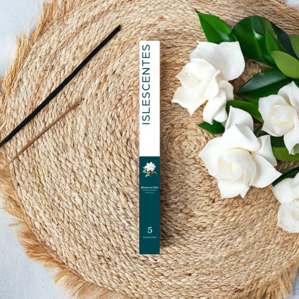 Bloom and Chill Gardenia Starter Pack Front Long-lasting natural incense stick with tropical island fragrance by Islescentes