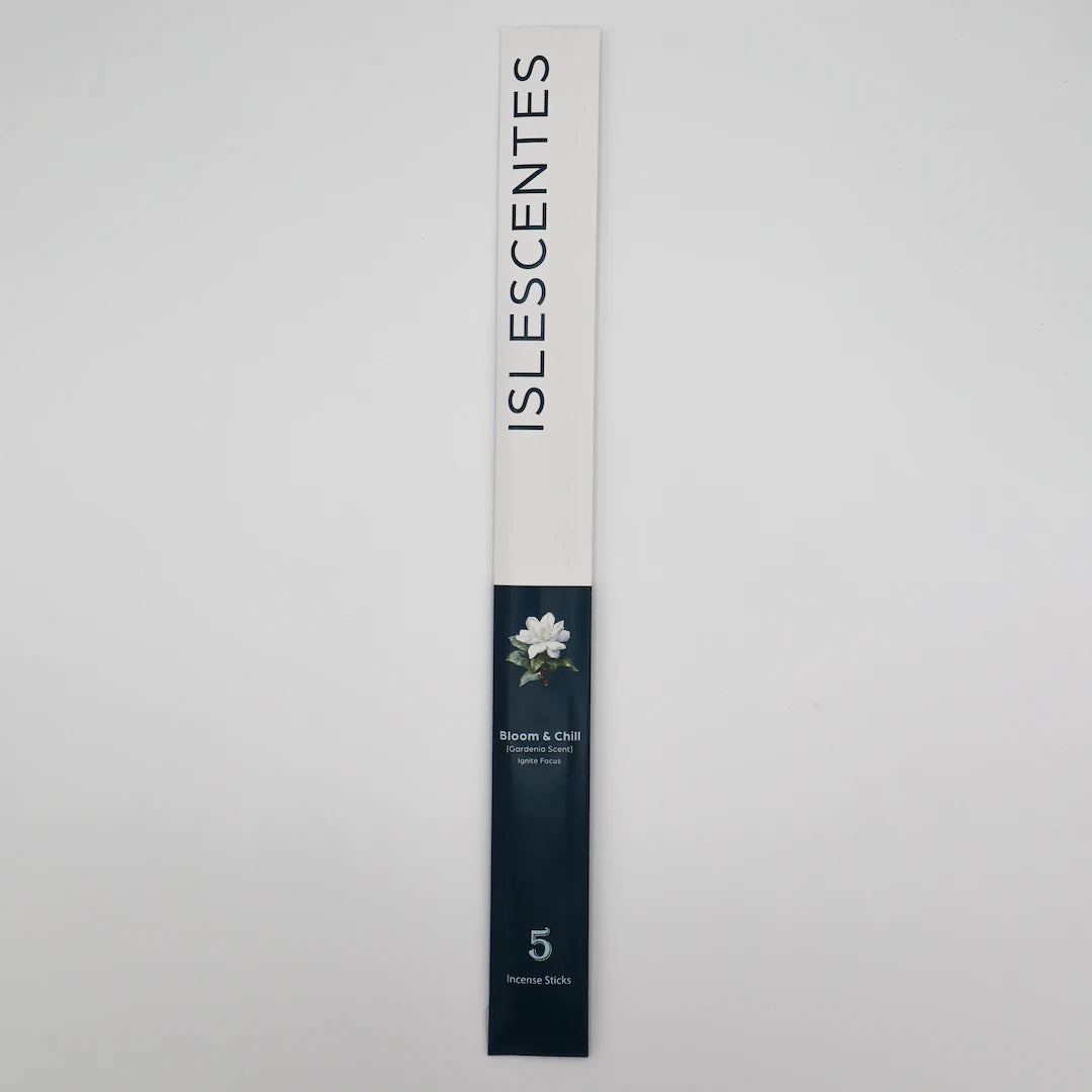 ISLESCENTES Bloom and Chill Gardenia Incense Stick  product packaging on a light gray background