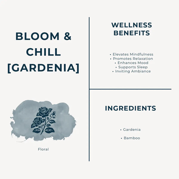 Product label for Bloom & Chill Gardenia Incense Sticks with wellness benefits and ingredients listed.