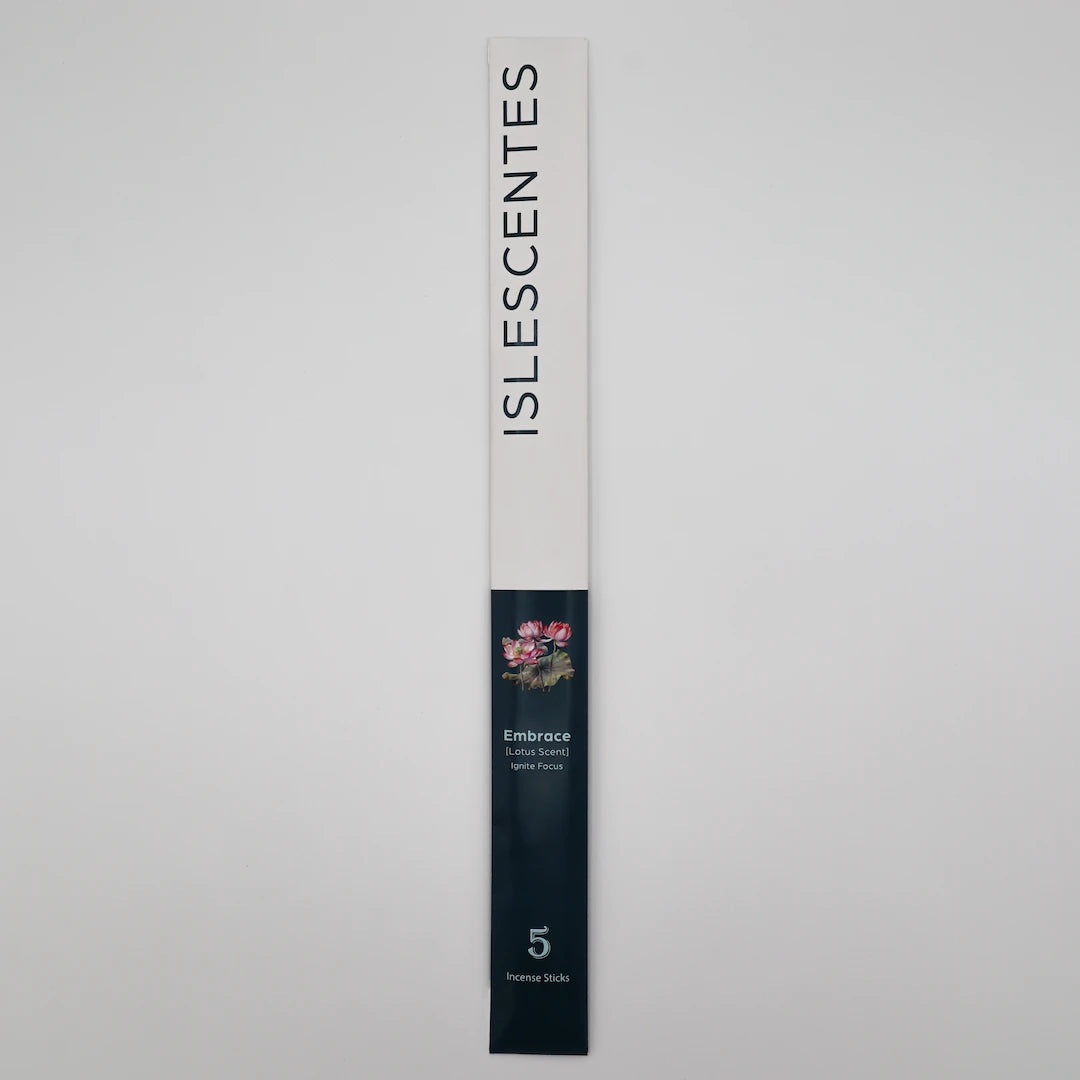 ISLESCENTES Embrace Lotus Incense Stick product packaging on a light gray background