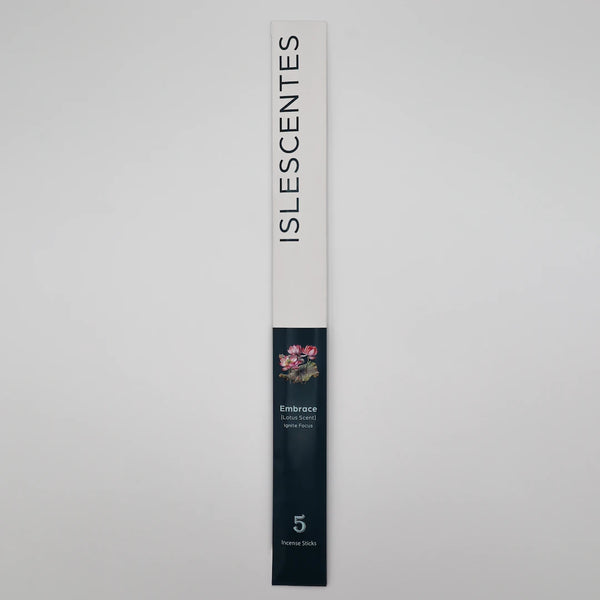 ISLESCENTES Embrace Lotus Incense Stick product packaging on a light gray background