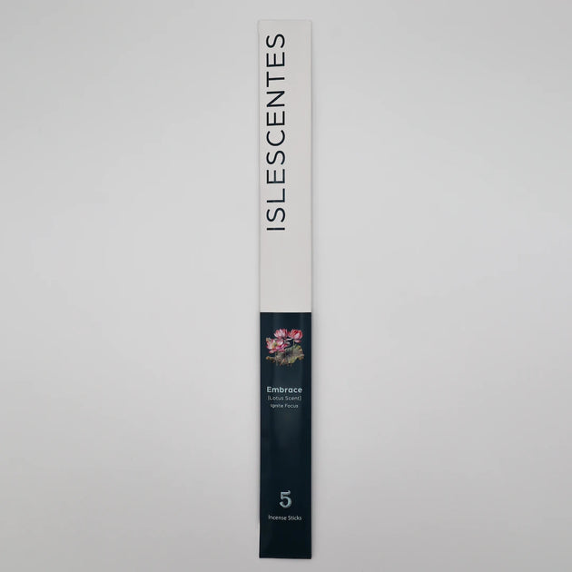 ISLESCENTES Embrace Lotus Incense Stick product packaging on a light gray background