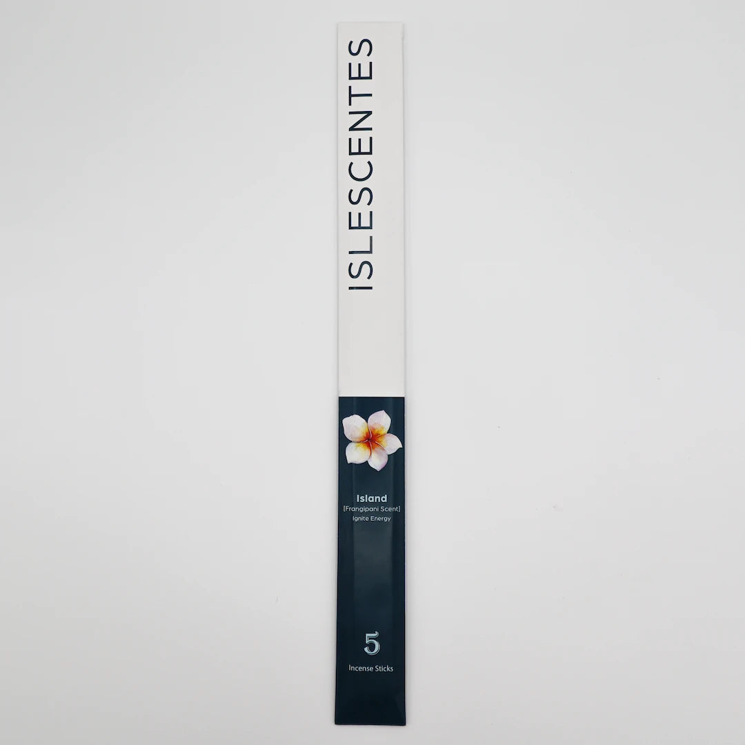 ISLESCENTES Island Frangipani Incense Stick product packaging with a flower design on a light gray background