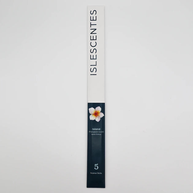ISLESCENTES Island Frangipani Incense Stick product packaging with a flower design on a light gray background