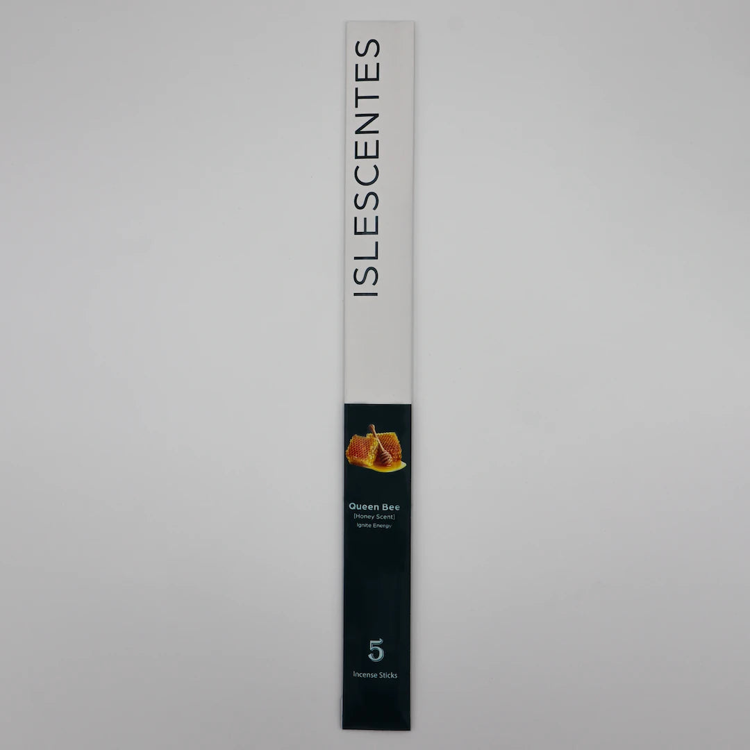 ISLESCENTES Queen Bee Honey Incense Stick product packaging on a gray background