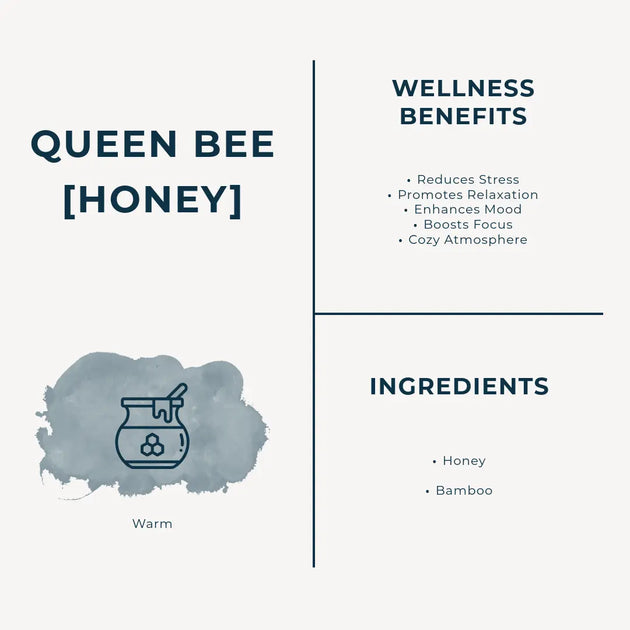 Product label for Queen Bee Honey Incense Sticks with wellness benefits and ingredients listed.