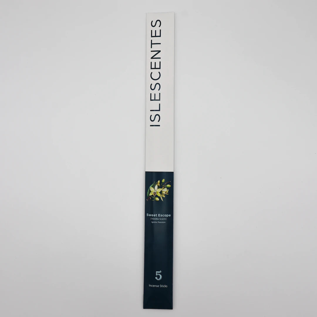 ISLESCENTES Sweet Escape Vanilla Incense Stick product packaging on a light gray background