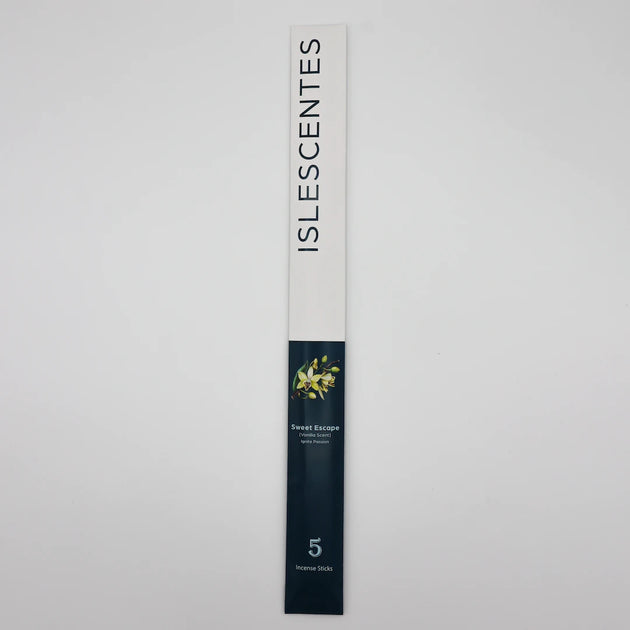ISLESCENTES Sweet Escape Vanilla Incense Stick product packaging on a light gray background